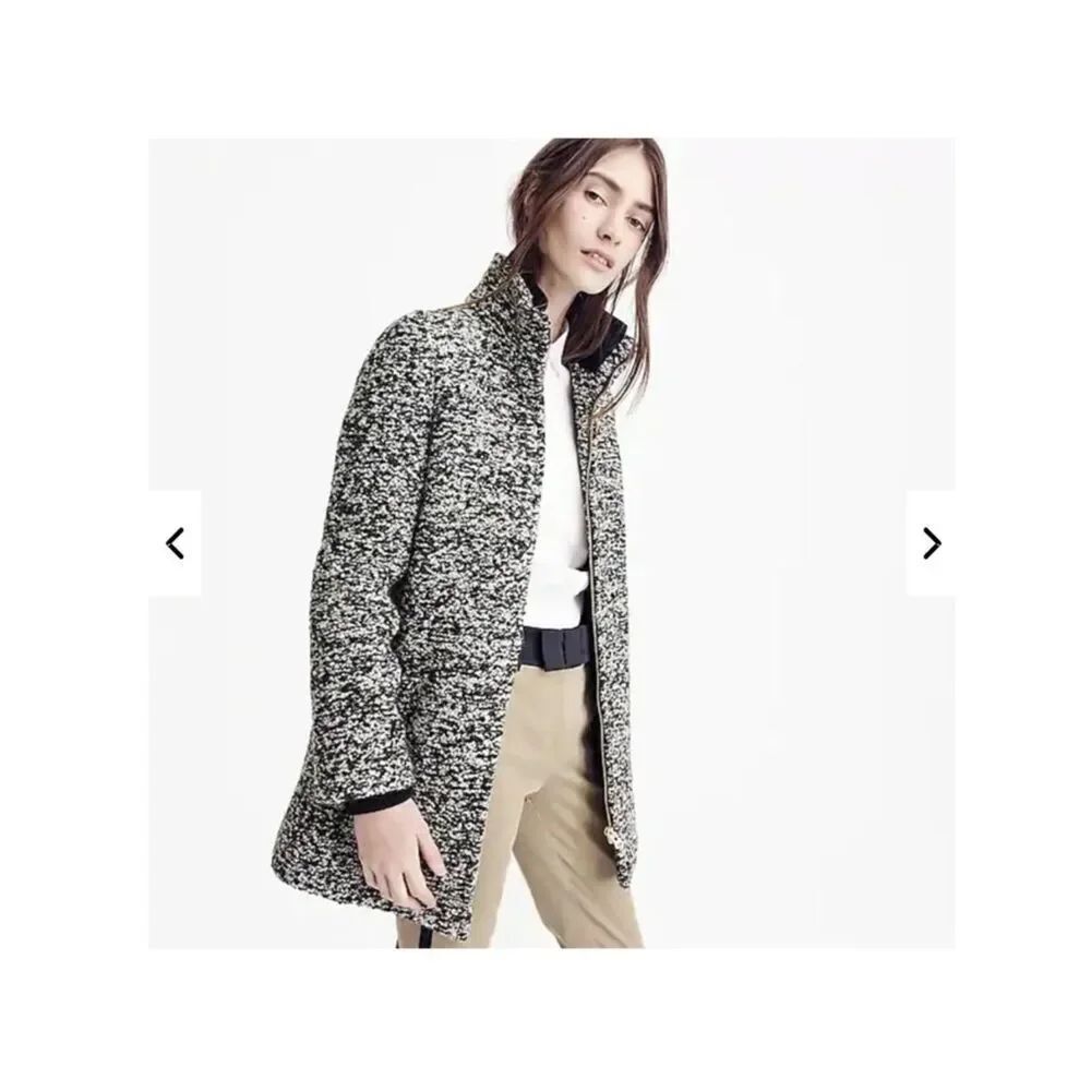 J. Crew Coat Italian Wool Lodge Zip Up in Boucle Speckled Black White Women’s 4